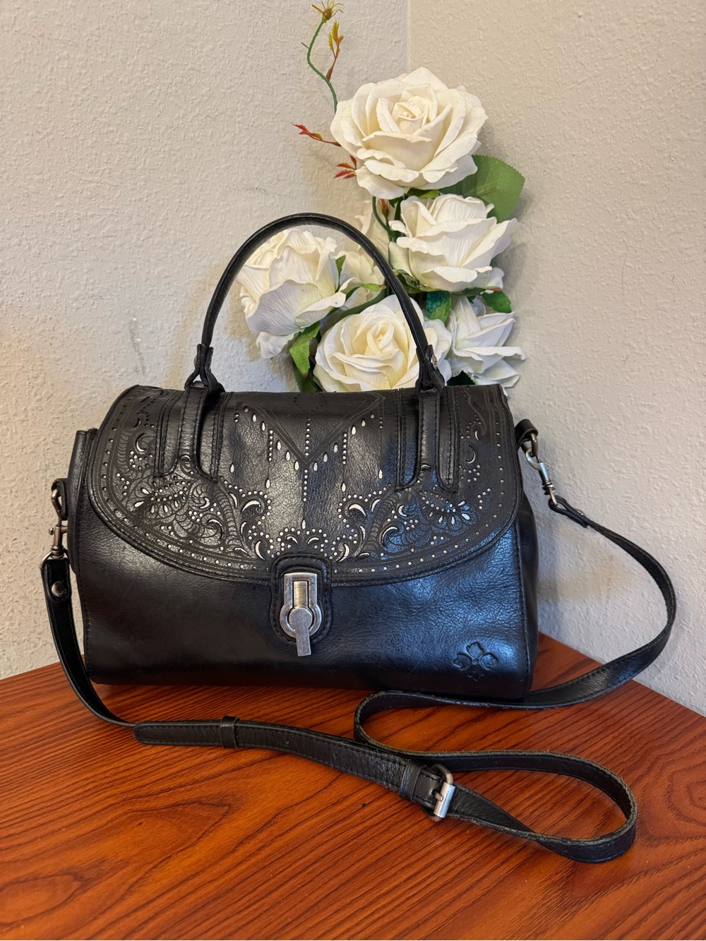 Patricia Nash Black Leather Embossed Satchel with Shoulder Strap
